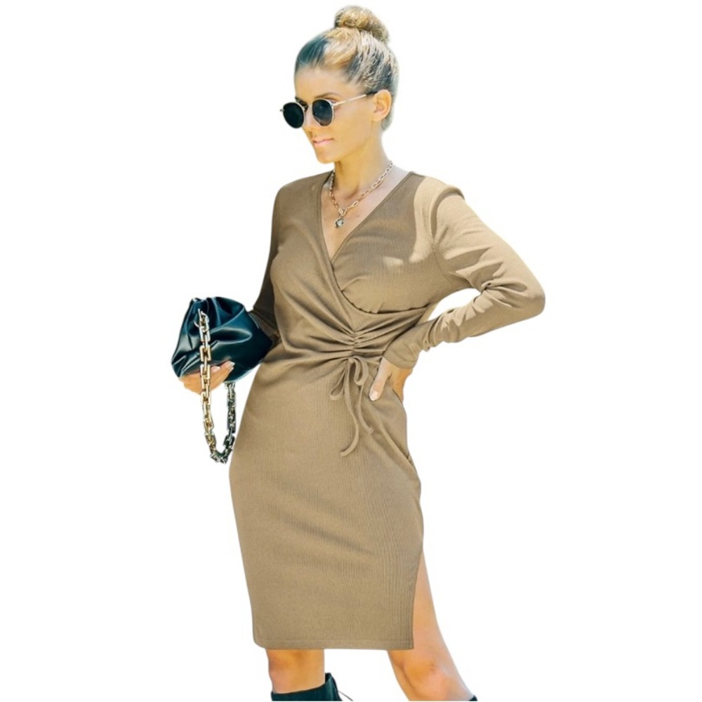 NWT Ribbed Tan Faux Wrap Dress